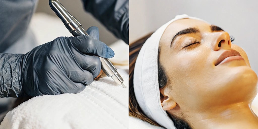 Close-up of a woman receiving a microneedling treatment in Fayetteville, AR.